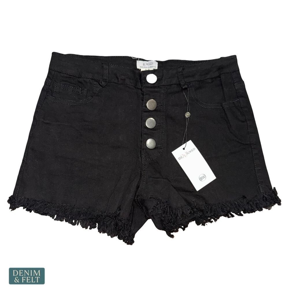 NEW Be Wicked Black Frayed Hem Denim Shorts High Rise Button Fly Festival